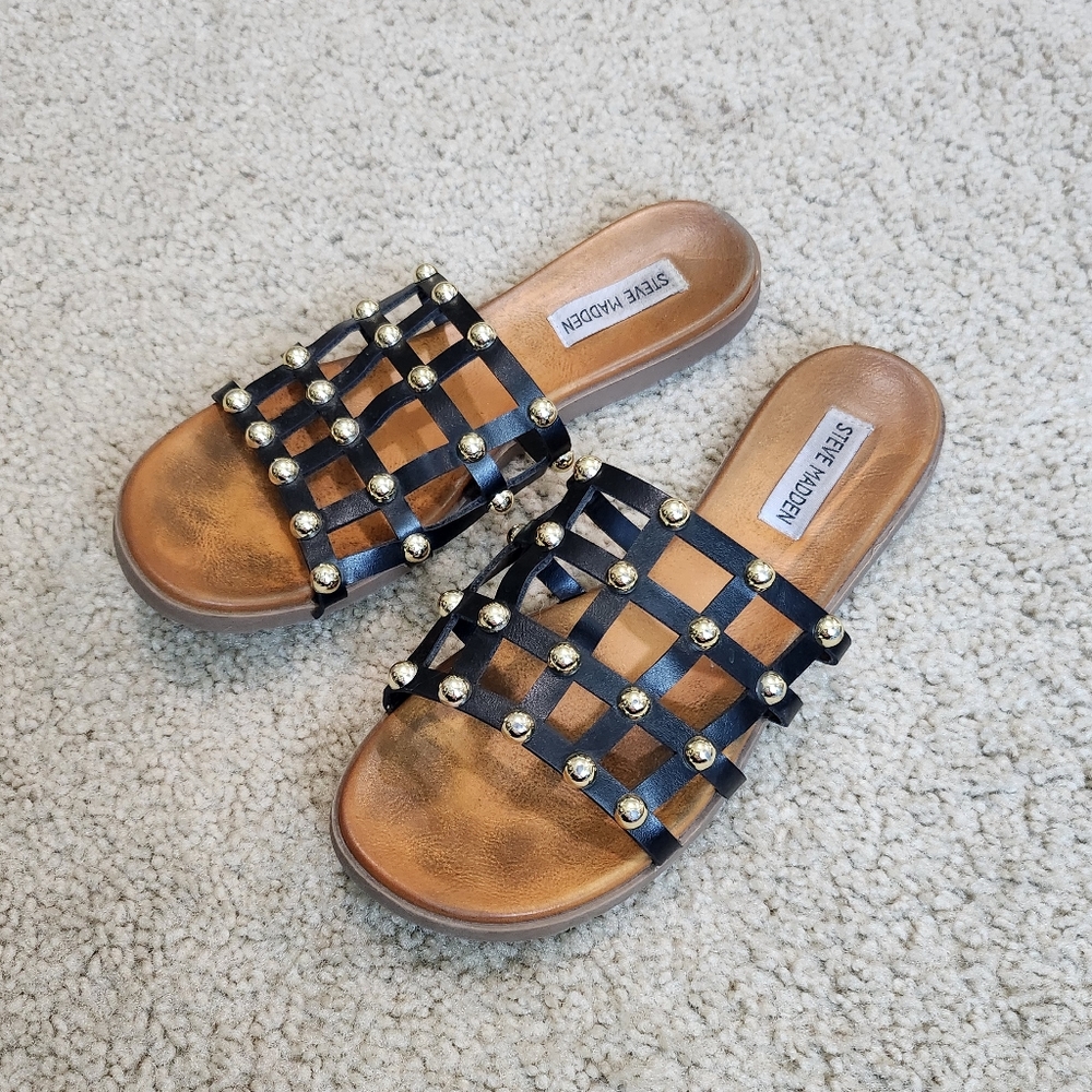 Steve Madden Brown Slide Sandals Black Gold Spheres Straps Size 9 + FREE BAG - Picture 4 of 10